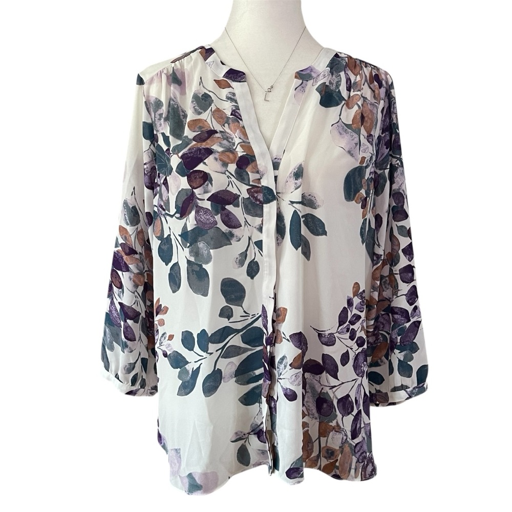 NYDJ White and Multicolor Leaf Print Pintuck Blouse US M